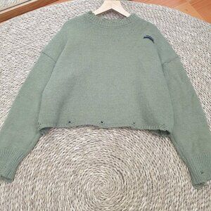Sage Green Distressed Hem Cropped Knit Sweater 🌿